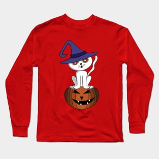 Charming kitten over a halloween pumpkin Long Sleeve T-Shirt